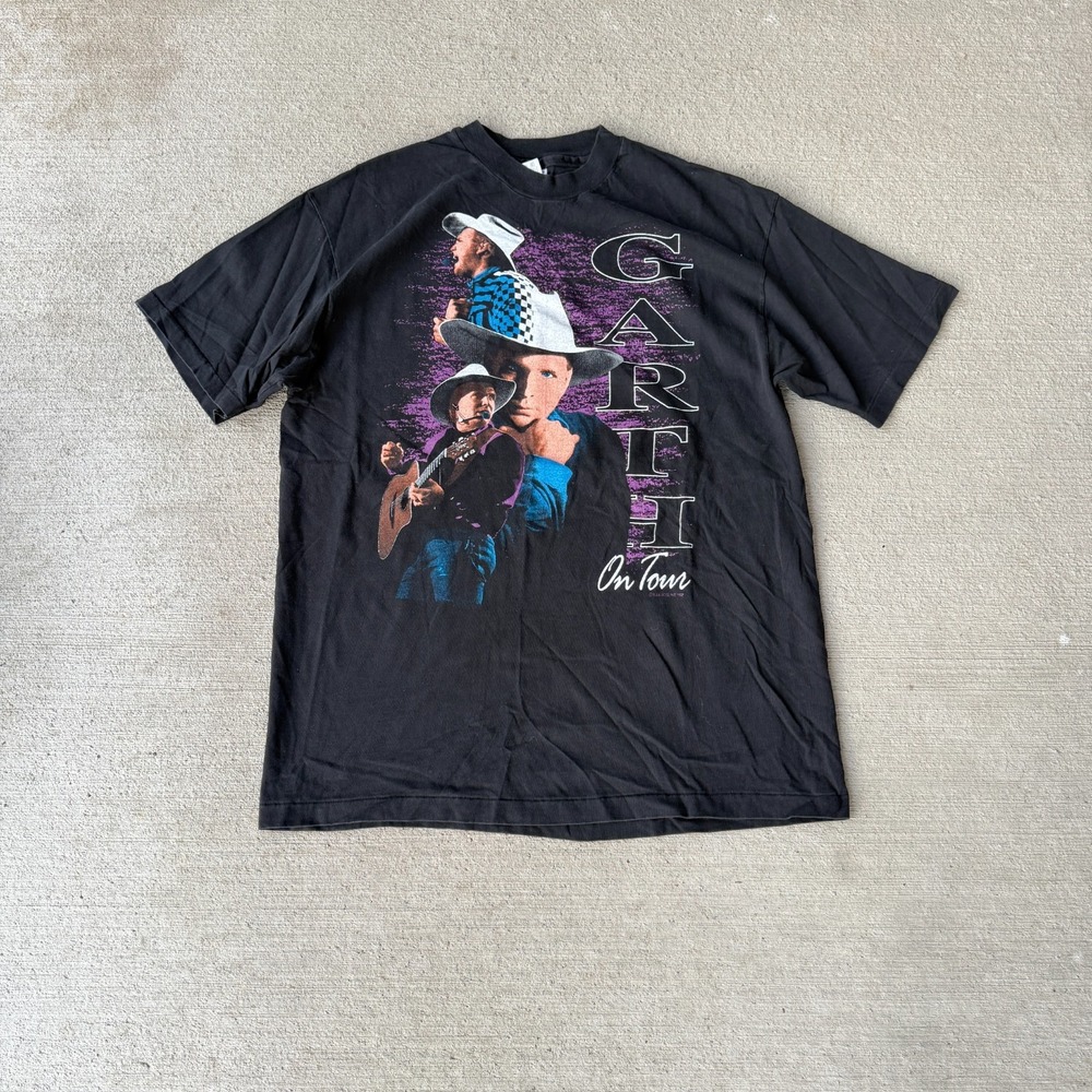 Vintage Hanes Mens Beefy-T Graphic T-Shirt Black Garth Brooks On Tour Rock Pop L